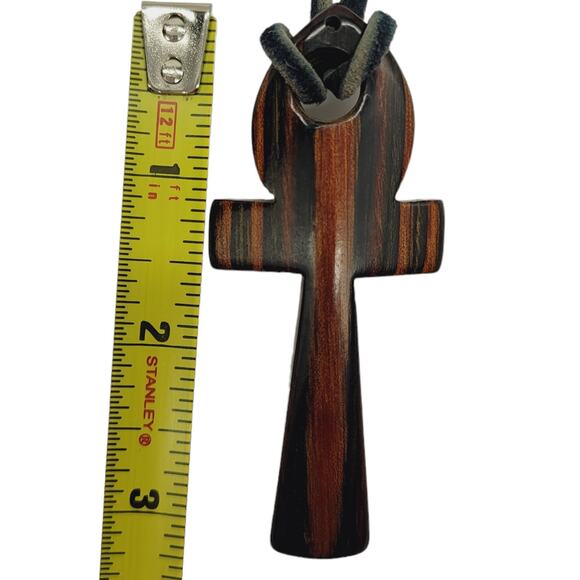 ANKH Brown Carved Wood Ankh 3" on Leather Necklace - Picture 5 of 6